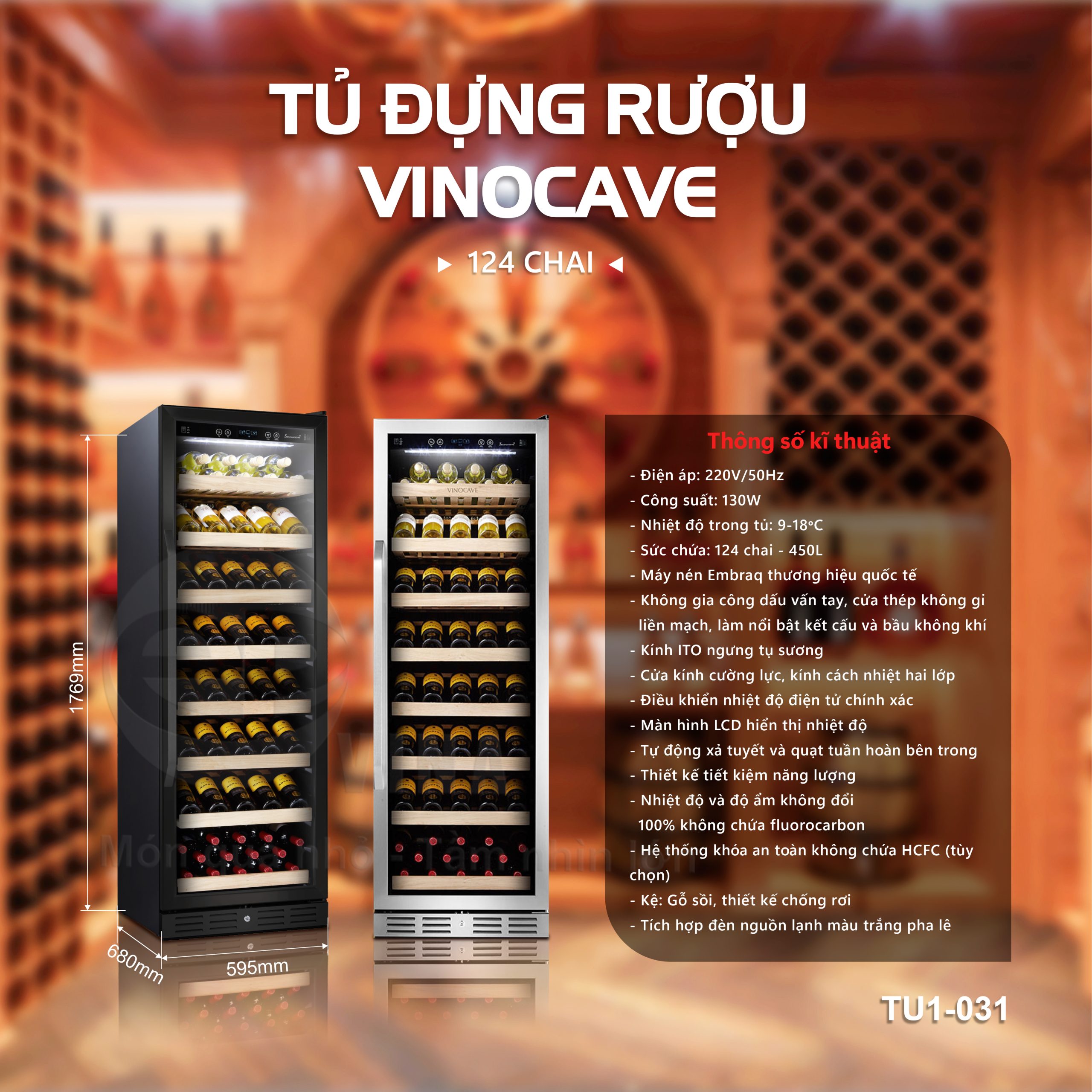 TỦ ĐỰNG RƯỢU VANG VINOCAVE 124 CHAI TU1-031 4 Tủ Đựng Rượu Vang Vinocave 124 Chai – Mã TU1-031