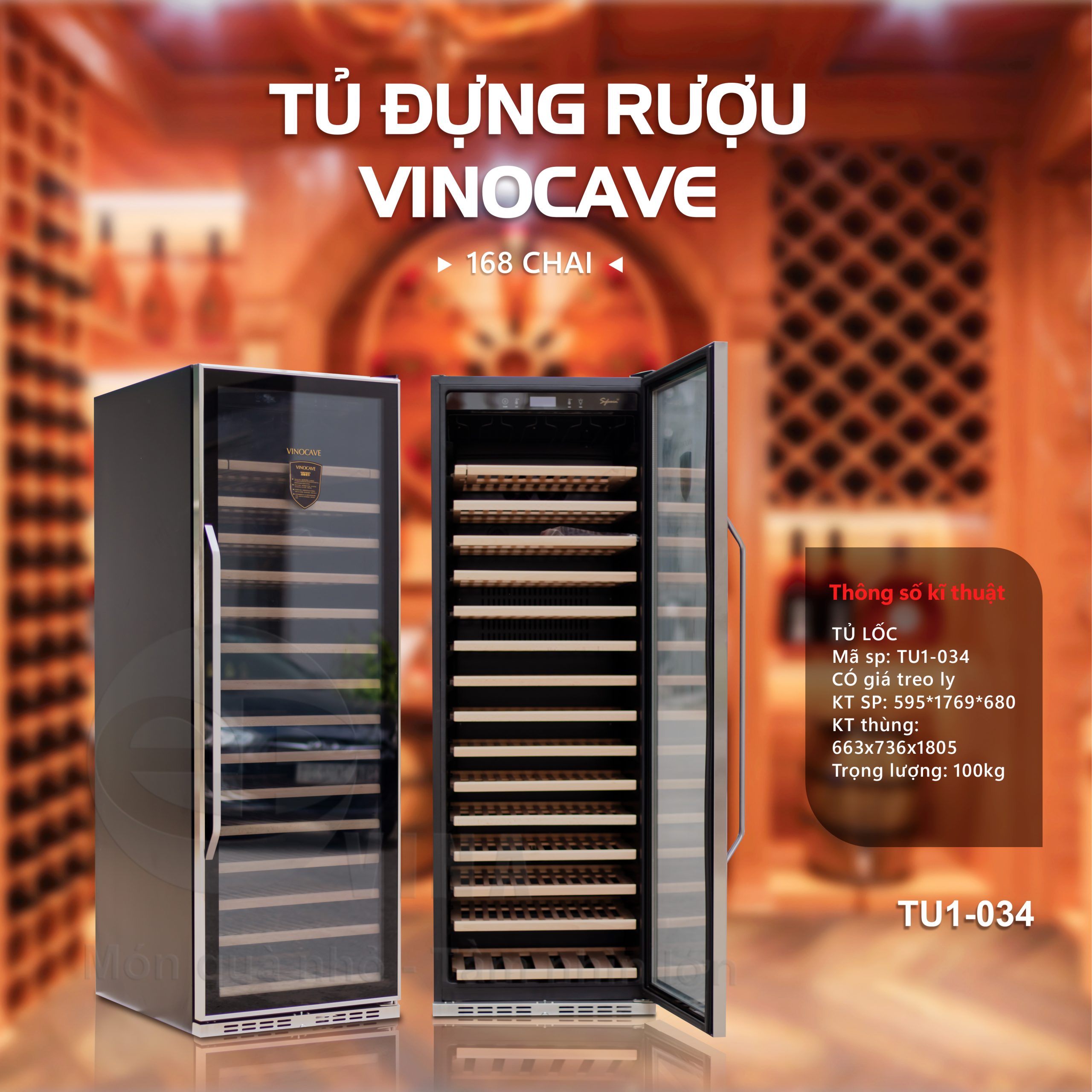TỦ ĐỰNG RƯỢU VANG VINOCAVE 168 CHAI TU1-034 4 Tủ Đựng Rượu Vang Vinocave 168 Chai – TU1-034
