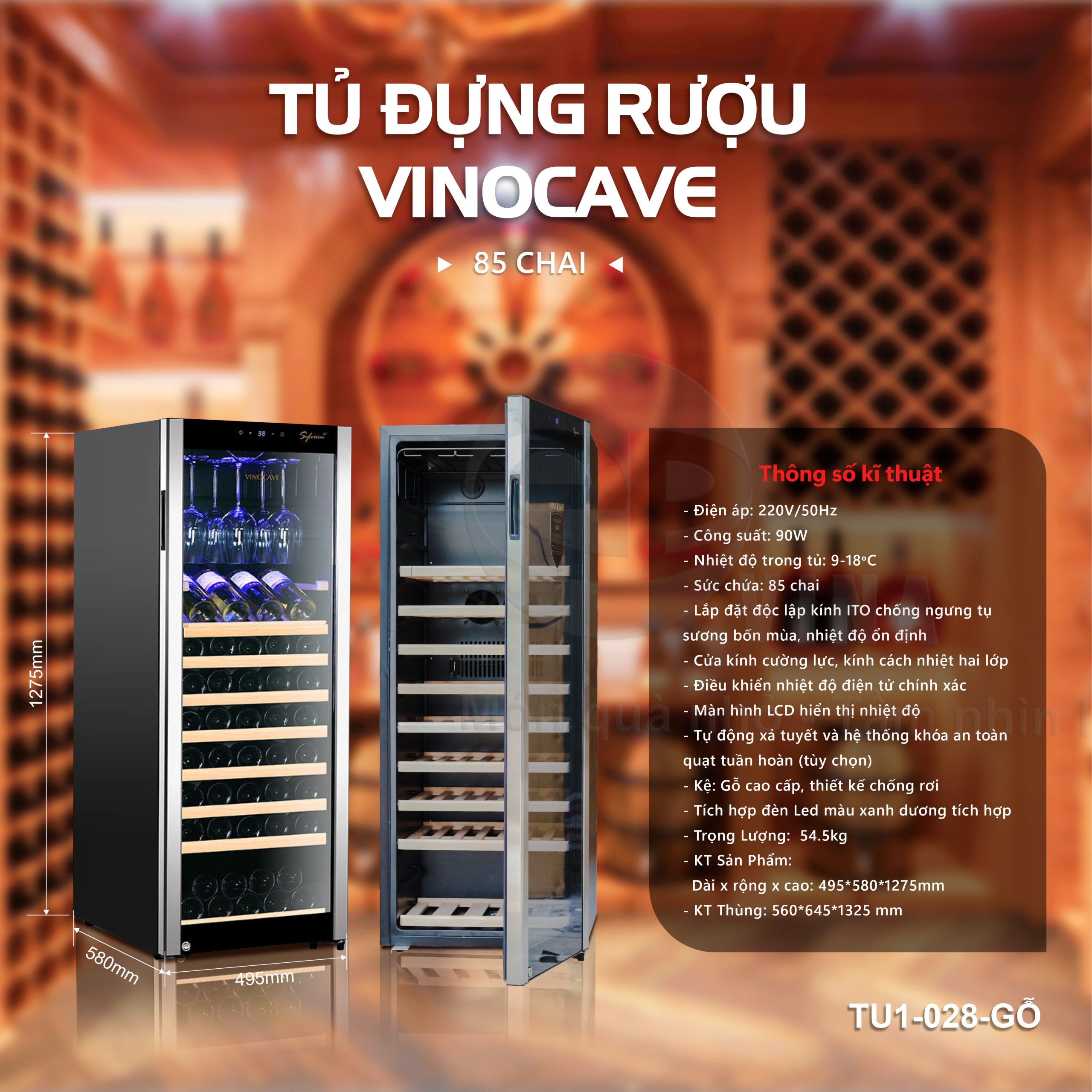 TỦ ĐỰNG RƯỢU VANG VINOCAVE 85 CHAI 4 Tủ Đựng Rượu Vang Vinocave 85 Chai TU1-028