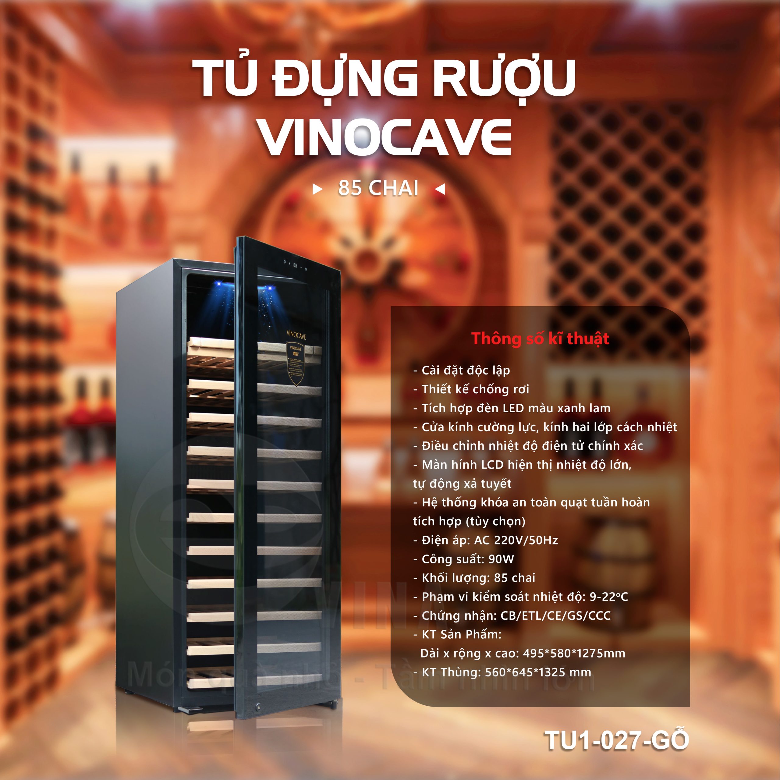 TỦ ĐỰNG RƯỢU VANG VINOCAVE 85 CHAI TU1-027-GỖ 4 Tủ Đựng Rượu Vang Vinocave 85 Chai – Mã TU1-027-Gỗ