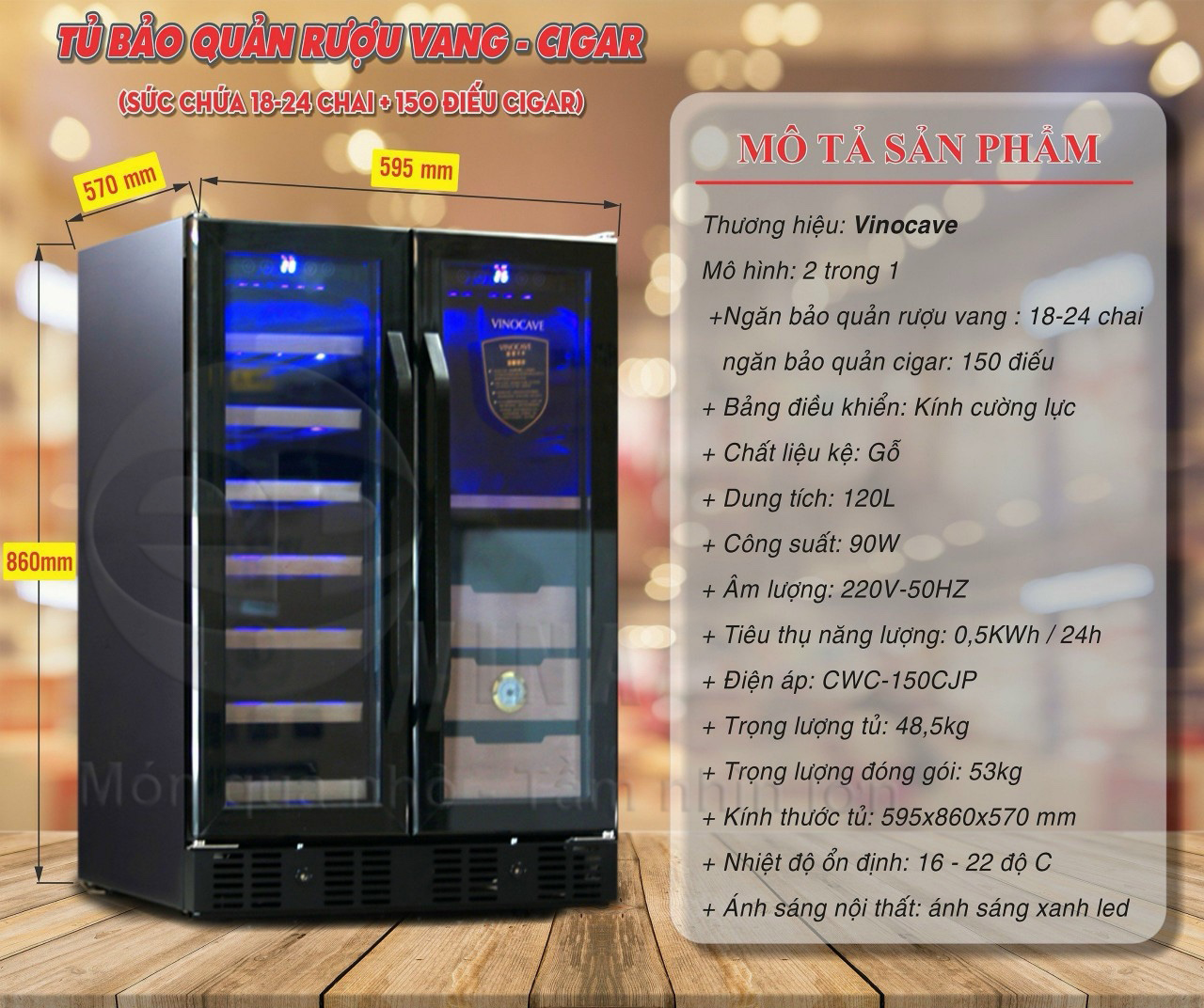TỦ BẢO QUẢN RƯỢU VANG VÀ CIGAR VINOCAVE 8 Tủ bảo quản rượu vang – Cigar Vinocave